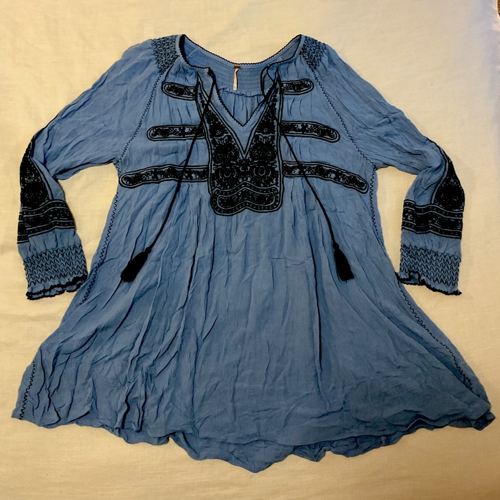 Free People blue embroidered mini dress. Size S.